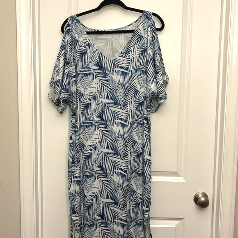 Lara Ethnics Dress Abstract Kavina Palm Slits Viscose Blue White Size S/M